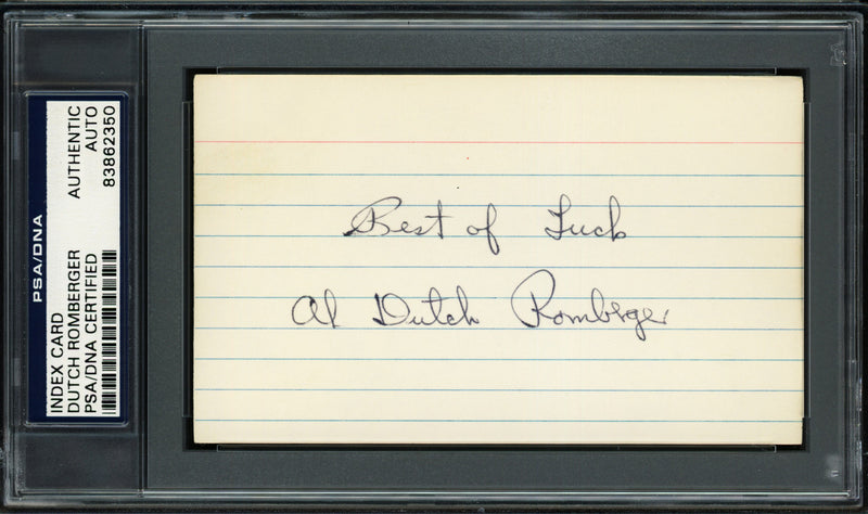 Allen "Dutch" Romberger Autographed 3x5 Index Card Philadelphia A's "Best of Luck" PSA/DNA #83862350