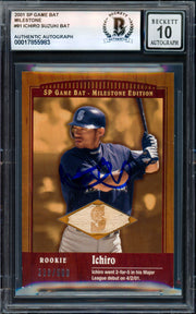 Ichiro Suzuki Autographed 2001 SP Game Bat Milestone Piece of Action Card #91 Seattle Mariners Auto Grade Gem Mint 10 #338/500 Beckett BAS #17855983
