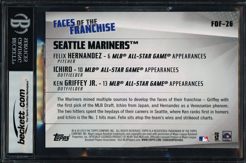 Ken Griffey Jr., Ichiro Suzuki & Felix Hernandez Autographed 2019 Topps Faces of the Franchise 5x7 Card #FOF-26 Seattle Mariners #8/49 Beckett BAS #17401947