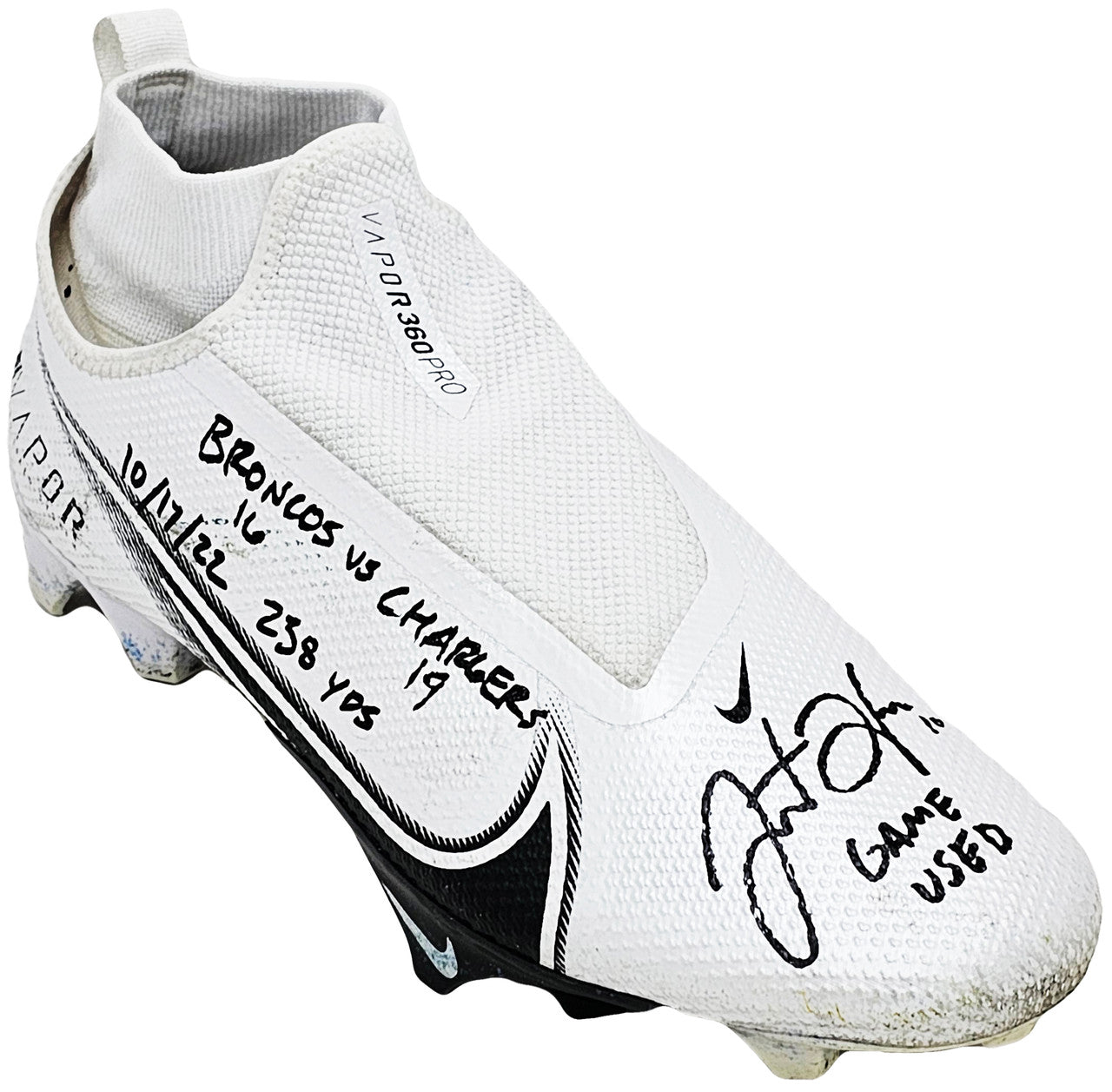 Justin Herbert Autographed Pair Of Game Used White & Black Nike Vapor 360 Pro Cleats Los Angeles Chargers "Game Used, Broncos 16 vs Chargers 19, 10/17/22, 238 Yds" Beckett BAS Witness #W453550 & #W453551