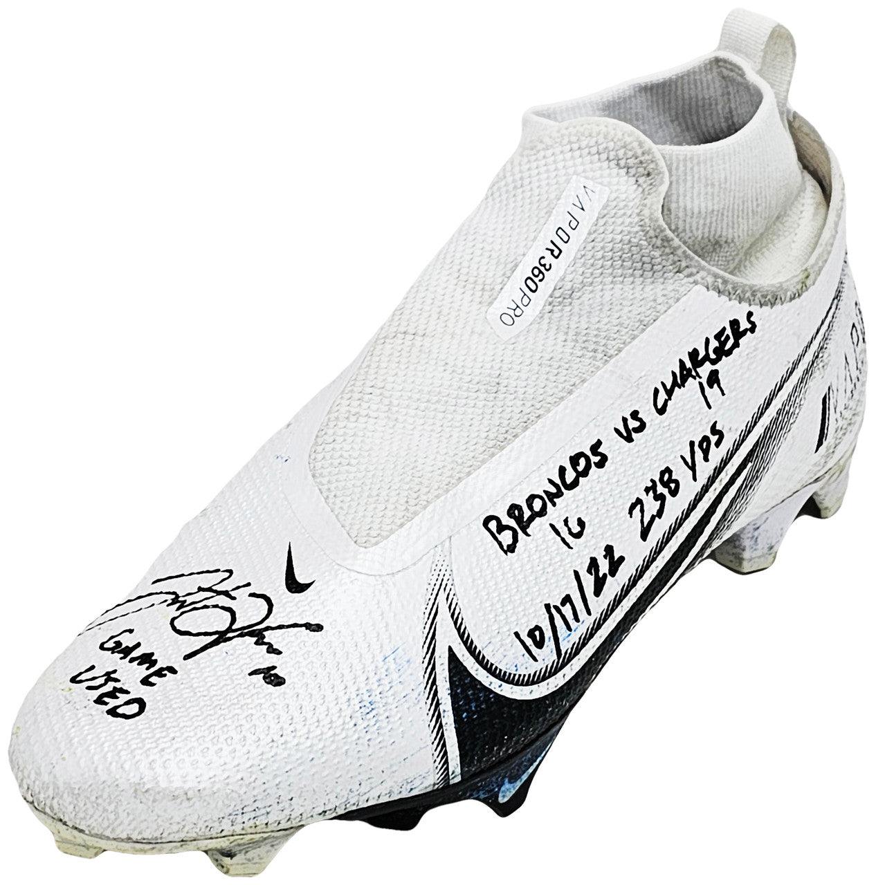 Justin Herbert Autographed Pair Of Game Used White & Black Nike Vapor 360 Pro Cleats Los Angeles Chargers "Game Used, Broncos 16 vs Chargers 19, 10/17/22, 238 Yds" Beckett BAS Witness #W453550 & #W453551