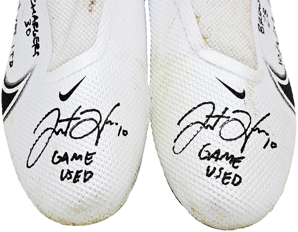 Justin Herbert Autographed Pair Of Game Used White & Black Nike Vapor 360 Pro Cleats Los Angeles Chargers "Game Used, Browns 28 vs Chargers 30, 10/9/22, 228 Yds, & 1 TD" Beckett BAS Witness #W453556 & #W453557