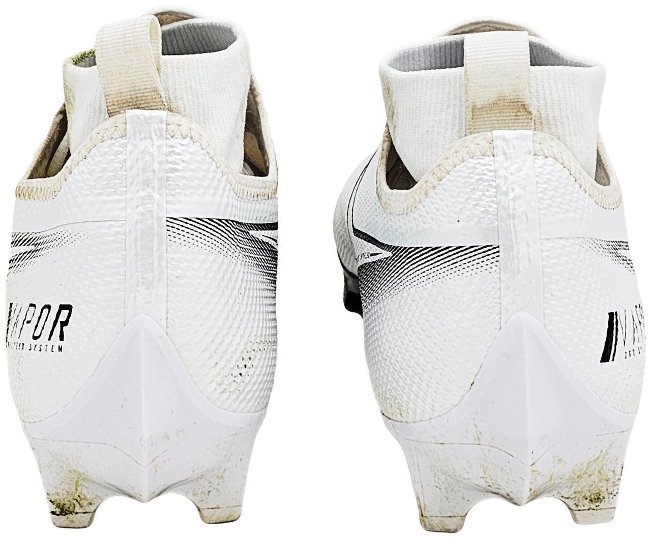 Justin Herbert Autographed Pair Of Game Used White & Black Nike Vapor 360 Pro Cleats Los Angeles Chargers "Game Used, Browns 28 vs Chargers 30, 10/9/22, 228 Yds, & 1 TD" Beckett BAS Witness #W453556 & #W453557