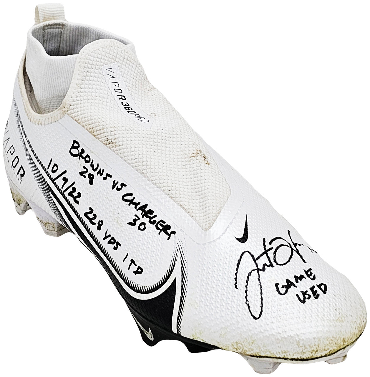 Justin Herbert Autographed Pair Of Game Used White & Black Nike Vapor 360 Pro Cleats Los Angeles Chargers "Game Used, Browns 28 vs Chargers 30, 10/9/22, 228 Yds, & 1 TD" Beckett BAS Witness #W453556 & #W453557