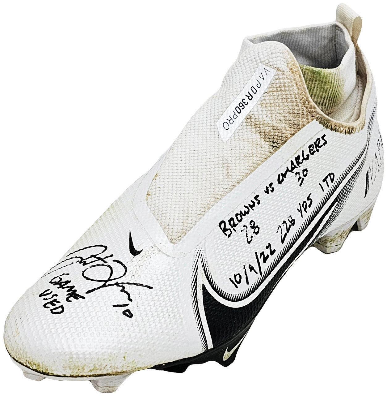 Justin Herbert Autographed Pair Of Game Used White & Black Nike Vapor 360 Pro Cleats Los Angeles Chargers "Game Used, Browns 28 vs Chargers 30, 10/9/22, 228 Yds, & 1 TD" Beckett BAS Witness #W453556 & #W453557