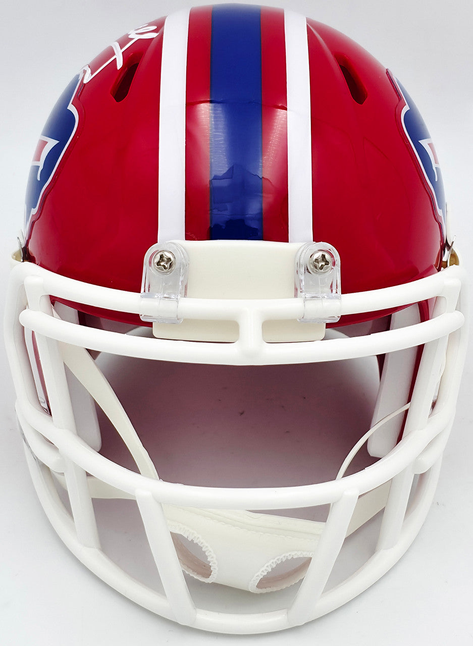 Jim Kelly Autographed Buffalo Bills 1987-01 Throwback Red Speed Mini Helmet Beckett BAS Witness Stock #241391