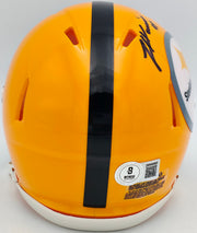James Harrison Autographed Pittsburgh Steelers Throwback Gold Speed Mini Helmet Beckett BAS Witness Stock #241384