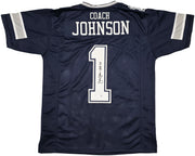 Dallas Cowboys Jimmy Johnson Autographed Blue Jersey "HOF 20" Beckett BAS Witness Stock #239849