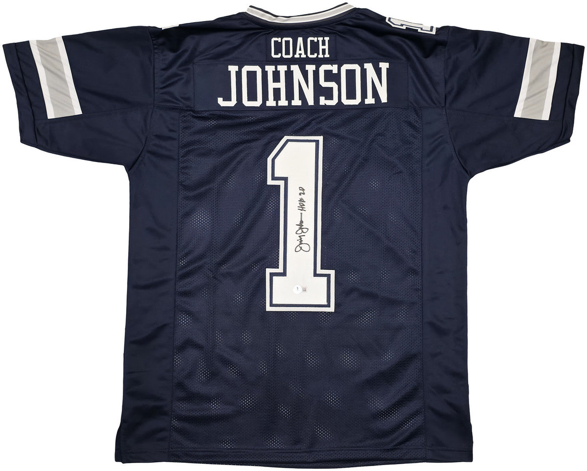 Dallas Cowboys Jimmy Johnson Autographed Blue Jersey "HOF 20" Beckett BAS Witness Stock #239849