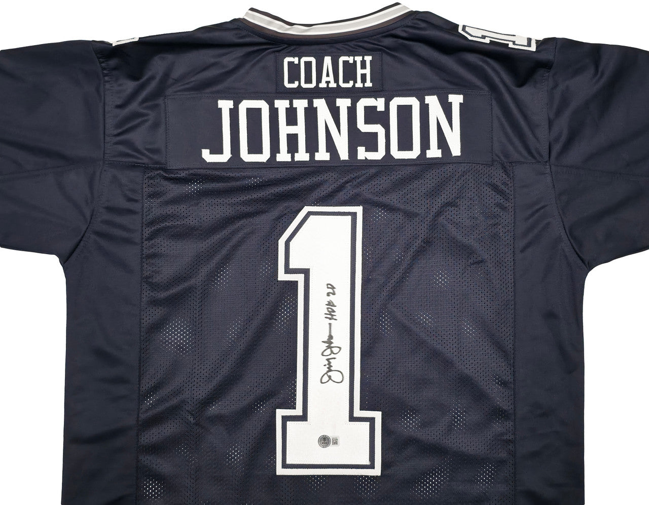 Dallas Cowboys Jimmy Johnson Autographed Blue Jersey "HOF 20" Beckett BAS Witness Stock #239849
