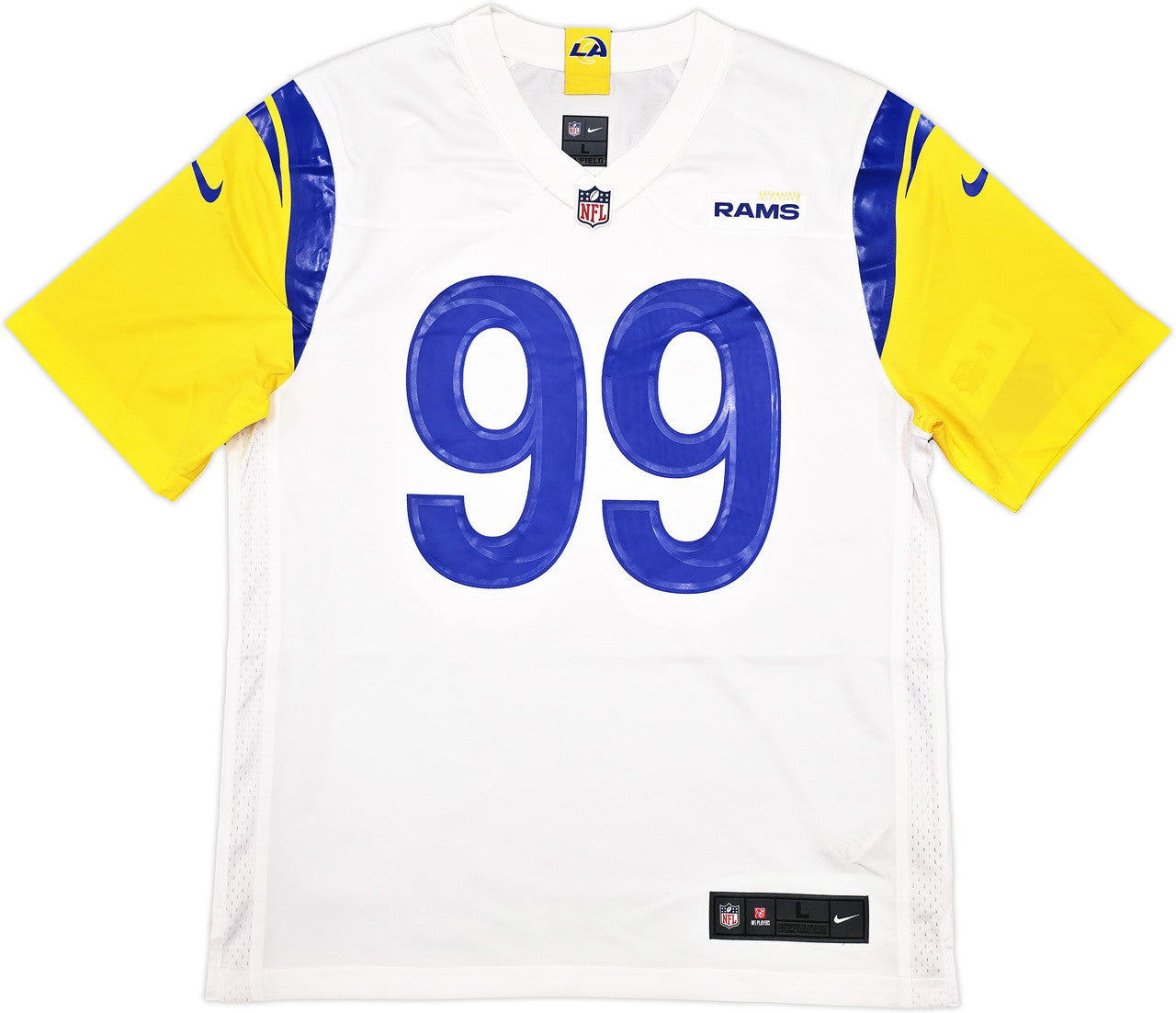Los Angeles Rams Aaron Donald Autographed White Nike On Field Jersey Size L Beckett BAS Witness Stock #241358