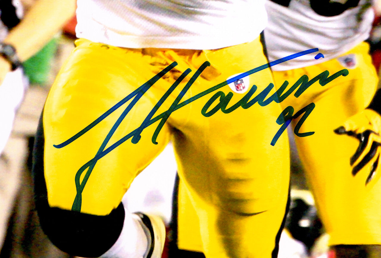 James Harrison Autographed 16x20 Photo Pittsburgh Steelers Super Bowl XLIII Interception Return Touchdown Beckett BAS Witness Stock #241381