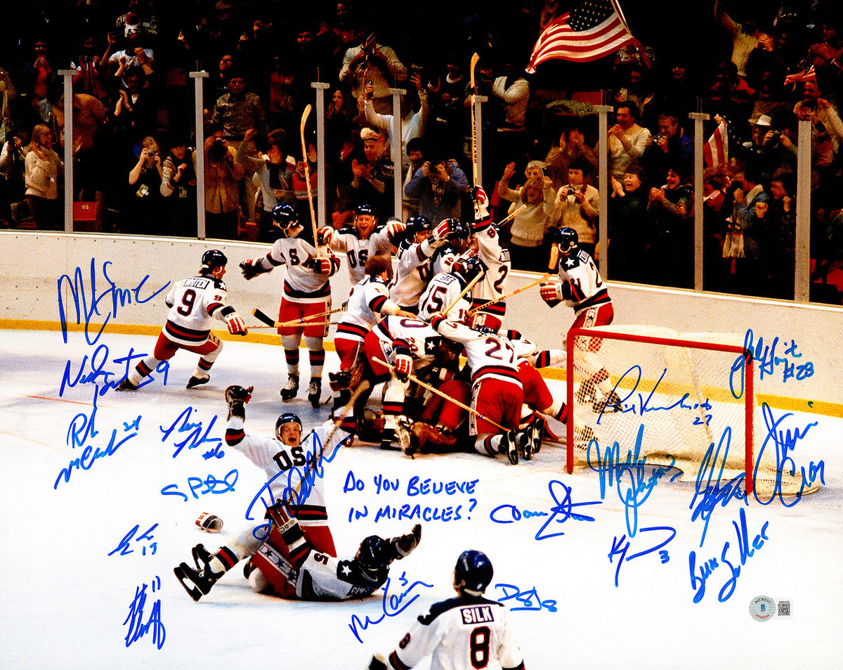 1980 USA Olympics Hockey Miracle On Ice Team Signed Autographed Framed 16x20 Photo "Do You Believe In Miracles?!" With 18 Signatures Including Jim Craig & Mike Eruzione Beckett BAS Witness Stock #241404