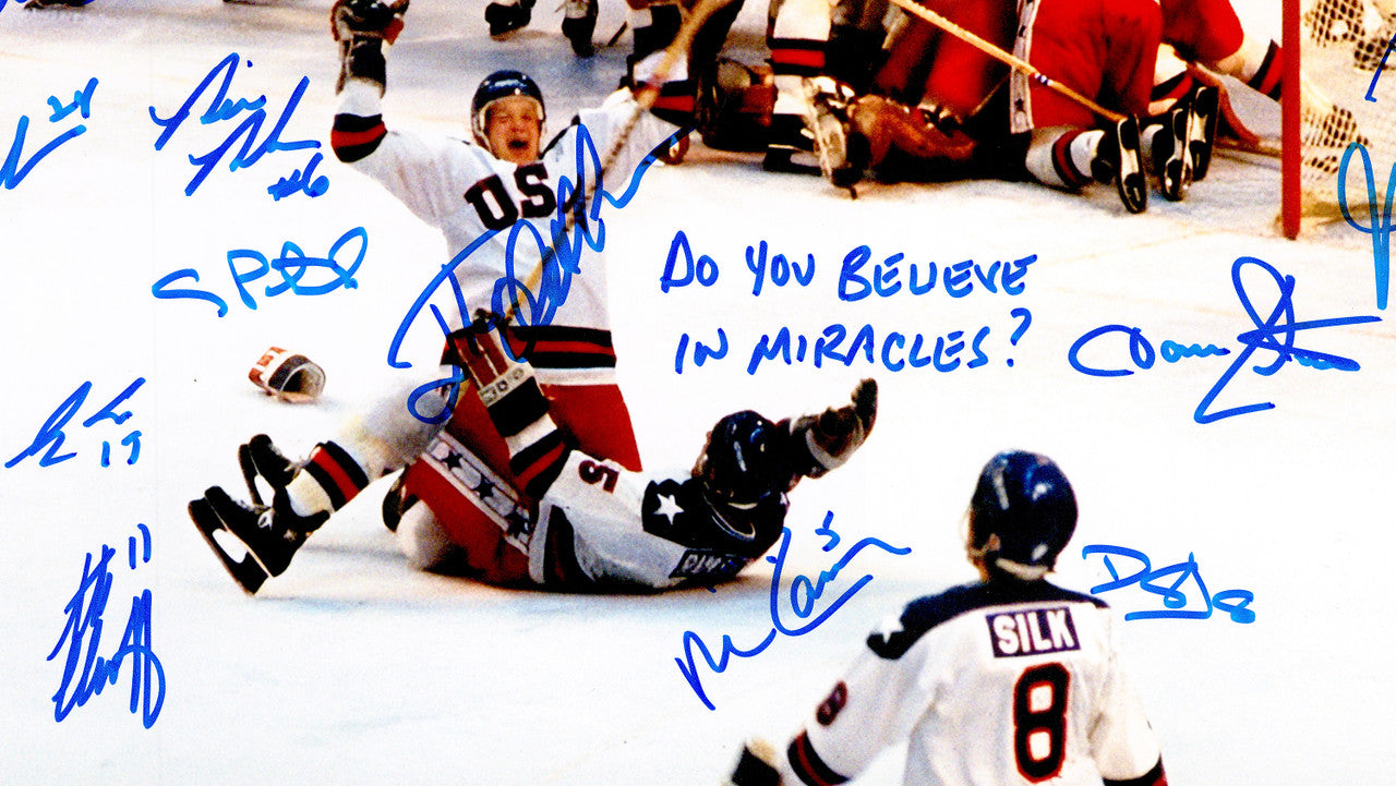 1980 USA Olympics Hockey Miracle On Ice Team Signed Autographed Framed 16x20 Photo "Do You Believe In Miracles?!" With 18 Signatures Including Jim Craig & Mike Eruzione Beckett BAS Witness Stock #241404