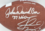John David Crow & Johnny Manziel Autographed Official NCAA Wilson Leather Football Texas A&M Aggies "Heisman" Beckett BAS QR #BR84860