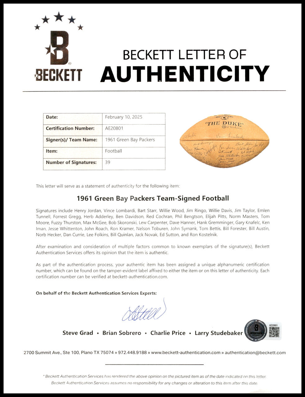 1961 Green Bay Packers NFL Champions Team Signed Autographed Official NFL Wilson "The Duke" Leather Football With 39 Signatures Including Vince Lombardi & Bart Starr Beckett BAS #AE20801