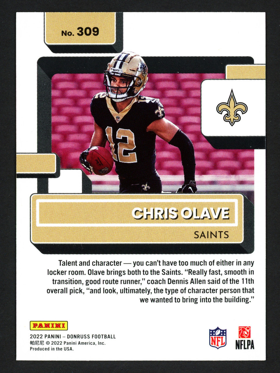Chris Olave Autographed 2022 Donruss Rated Rookie Card #309 New Orleans Saints Stock #241520