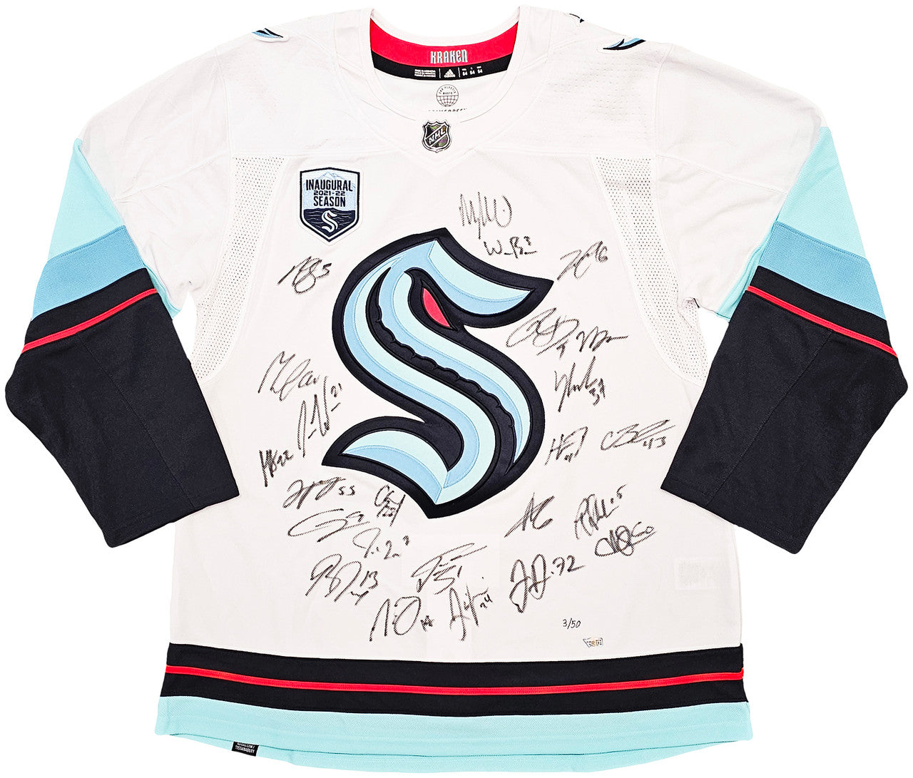 Seattle Kraken Inaugural Season Team Signed Autographed White Adidas Jersey Size 54 With 24 Signatures Including Jordan Eberle, Jared McCann & Yanni Gourde #/50 Fanatics Holo Stock #215412
