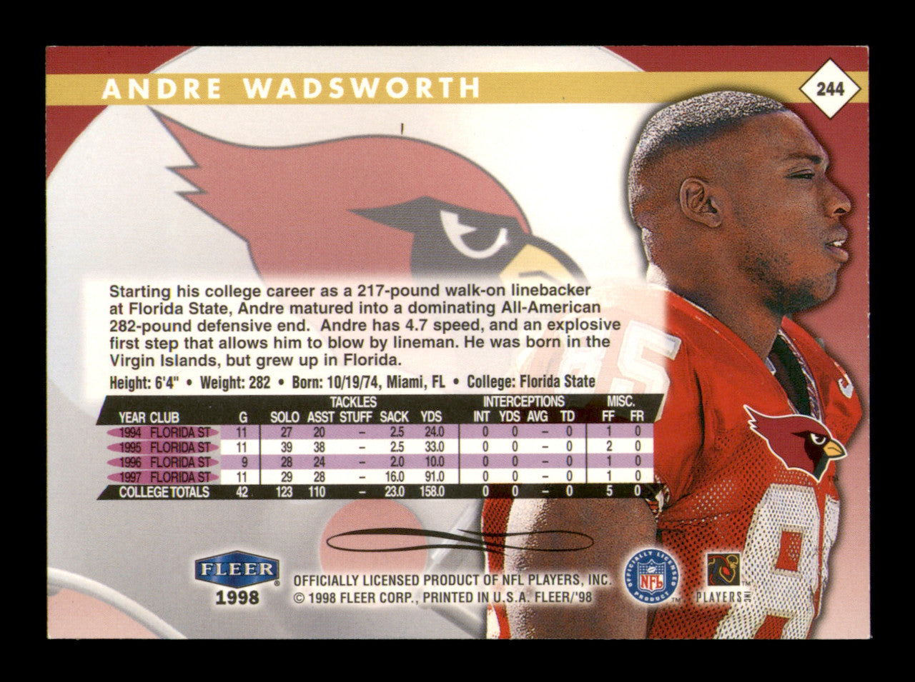 Andre Wadsworth Autographed 1998 Fleer Tradition Rookie Card #244 Arizona Cardinals SKU #241671