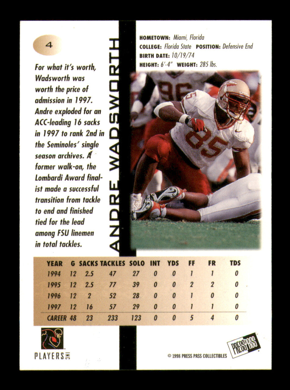 Andre Wadsworth Autographed 1998 Press Pass Rookie Card #4 Arizona Cardinals SKU #241672