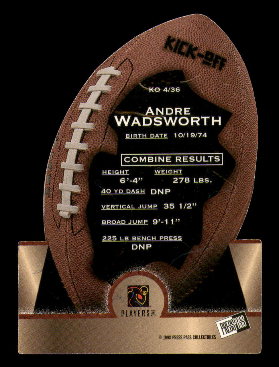 Andre Wadsworth Autographed 1998 Press Pass Kick Off Rookie Card #KO4 Arizona Cardinals SKU #241675