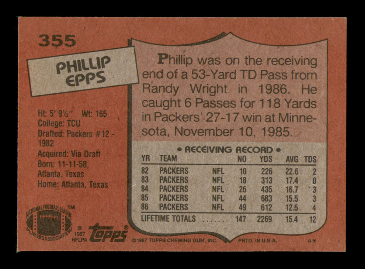 Phillip Epps Autographed 1987 Topps Card #355 Green Bay Packers SKU #241687