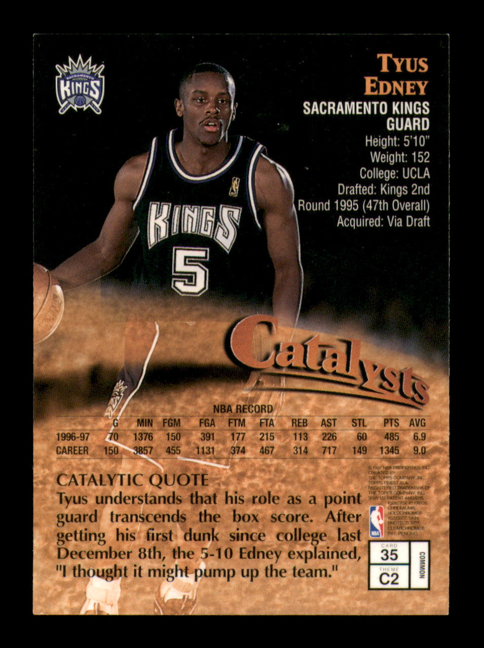 Tyus Edney Autographed 1995-96 Topps Finest Rookie Card #35 Sacramento Kings SKU #241697
