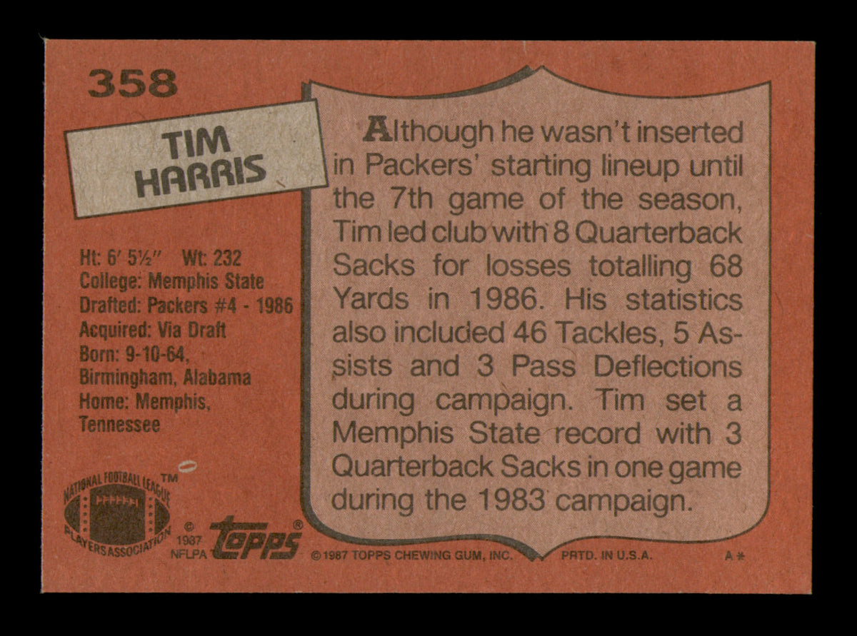 Tim Harris Autographed 1987 Topps Card #358 Green Bay Packers SKU #241703