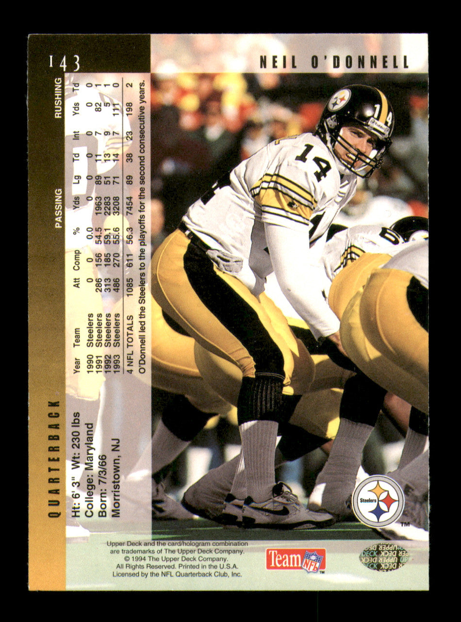 Neil O'Donnell Autographed 1994 Upper Deck Card #143 Pittsburgh Steelers SKU #241705