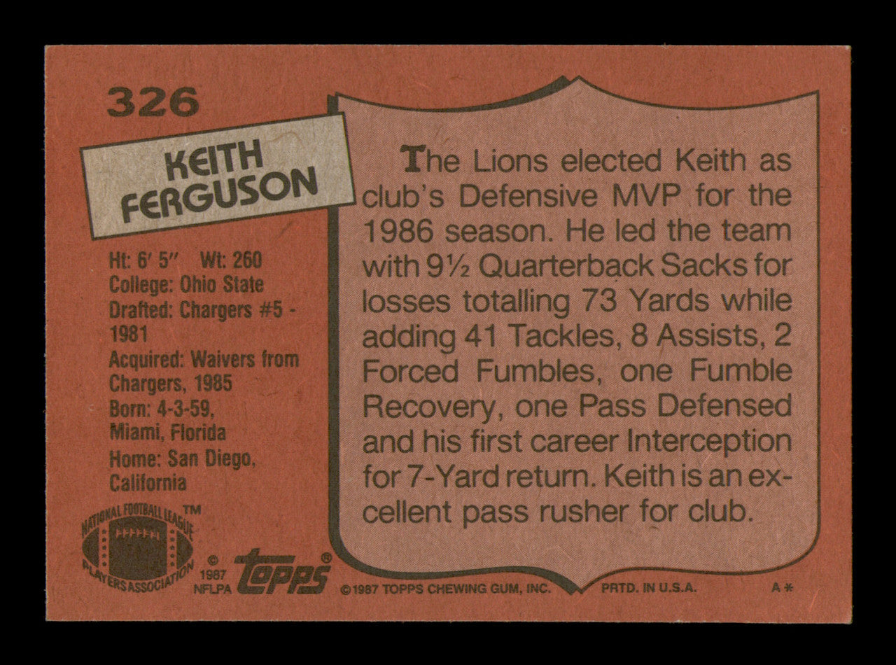 Keith Ferguson Autographed 1987 Topps Card #326 Detroit Lions SKU #241720