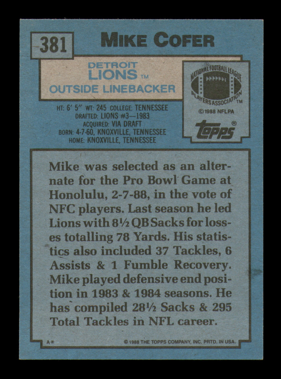 Mike Cofer Autographed 1988 Topps Card #381 Detroit Lions SKU #241722