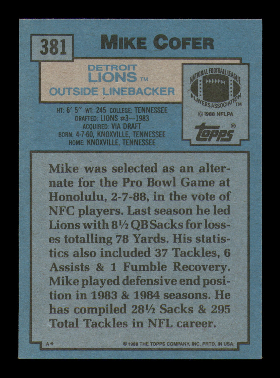 Mike Cofer Autographed 1988 Topps Card #381 Detroit Lions SKU #241723
