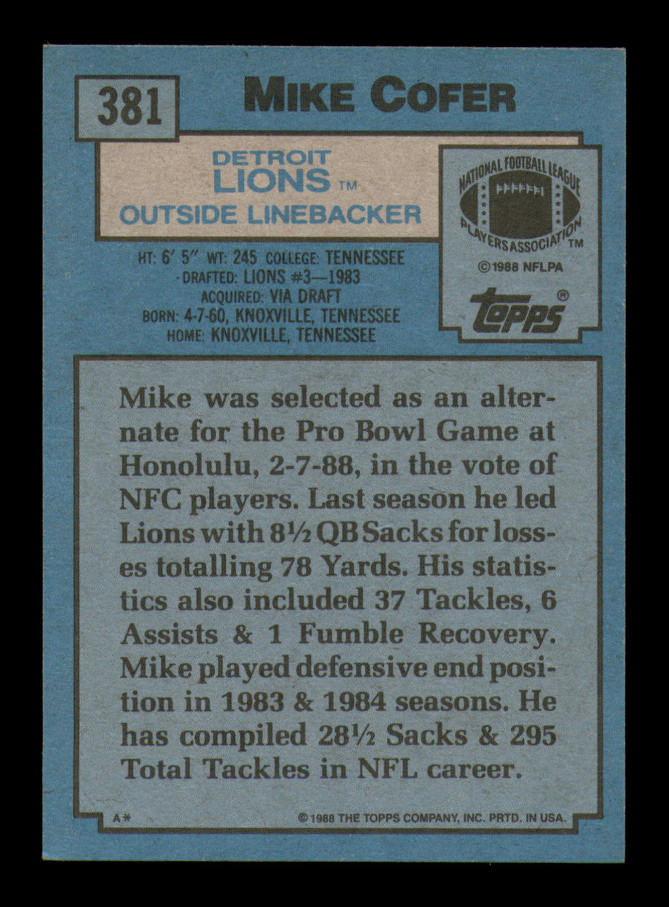 Mike Cofer Autographed 1988 Topps Card #381 Detroit Lions SKU #241725