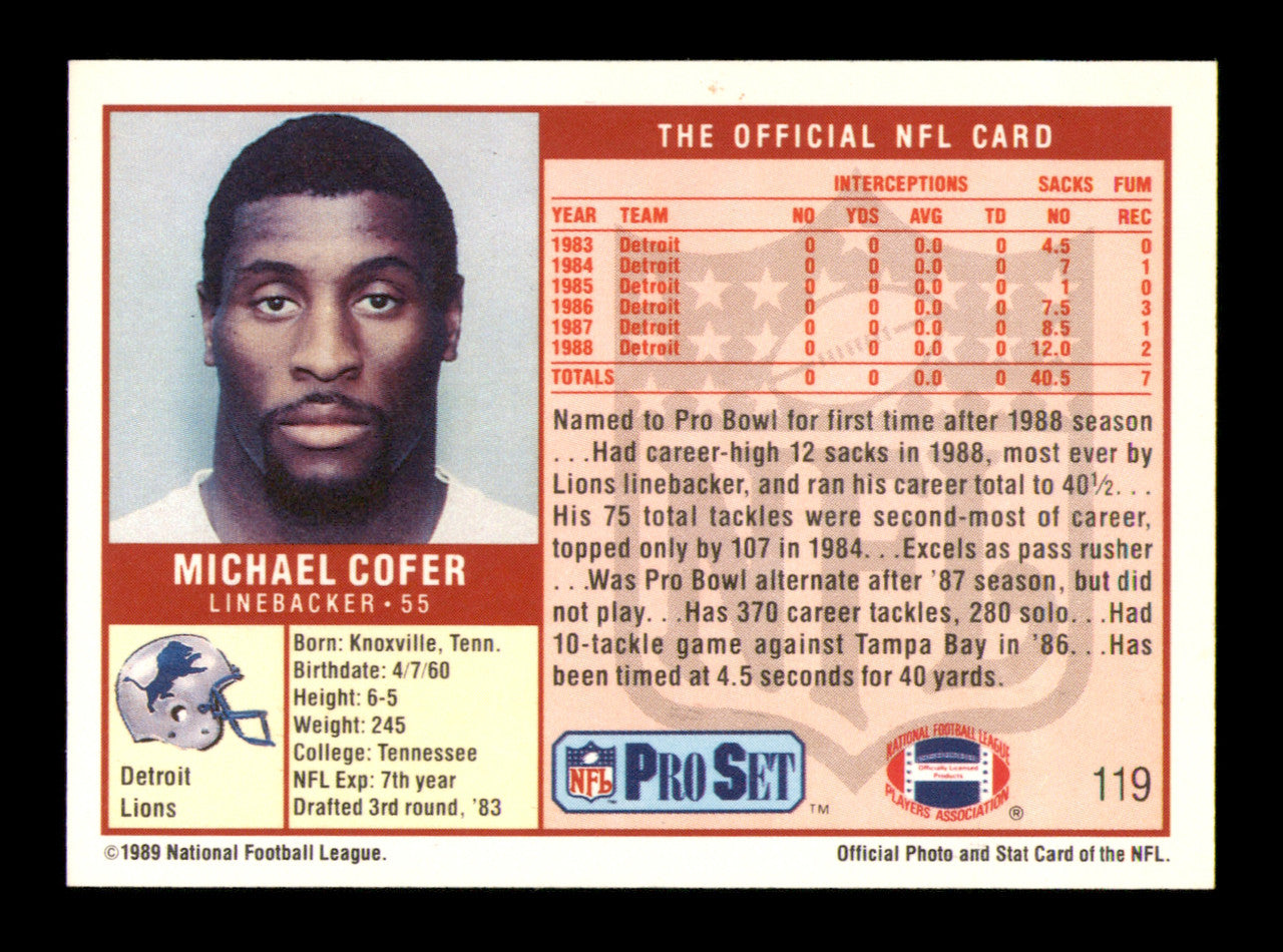 Mike Cofer Autographed 1989 Pro Set Card #119 Detroit Lions SKU #241726