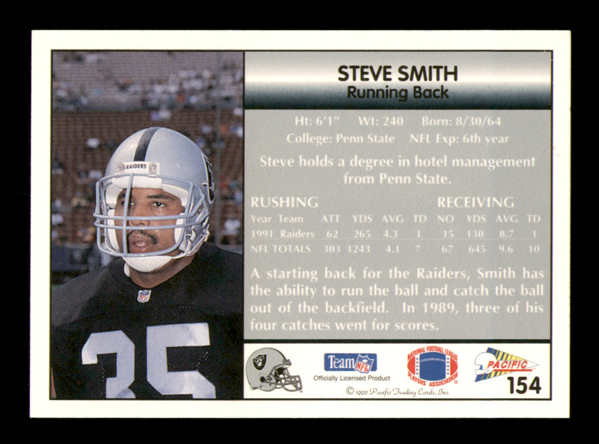 Steve Smith Autographed 1992 Pacific Card #154 Los Angeles Raiders SKU #241733