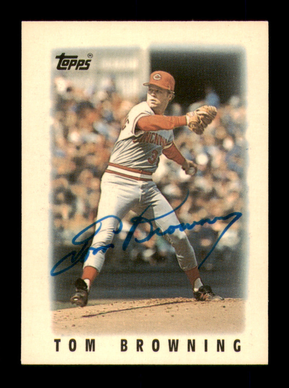 Tom Browning Autographed 1986 Topps Mini Card #40 Cincinnati Reds SKU #241795