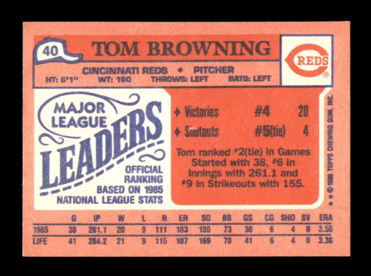 Tom Browning Autographed 1986 Topps Mini Card #40 Cincinnati Reds SKU #241795