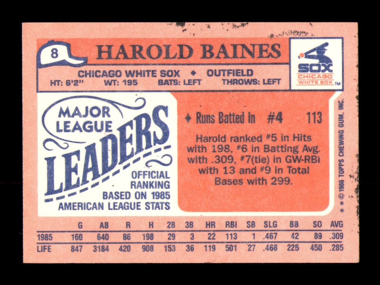 Harold Baines Autographed 1986 Topps Mini Card #8 Chicago White Sox SKU #241800