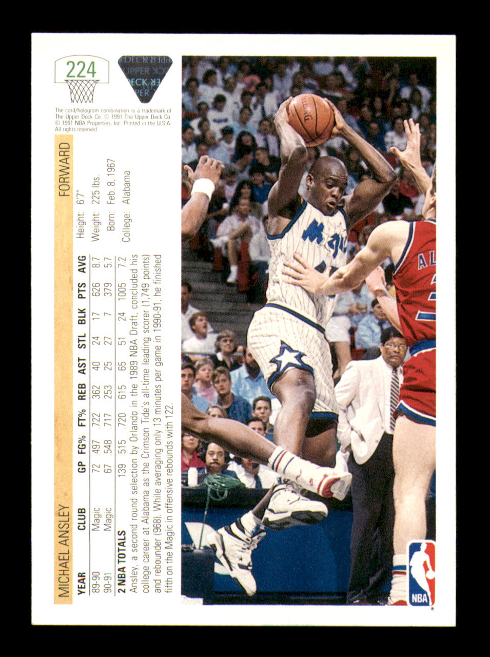 Michael Ansley Autographed 1991-92 Upper Deck Card #224 Orlando Magic SKU #241898