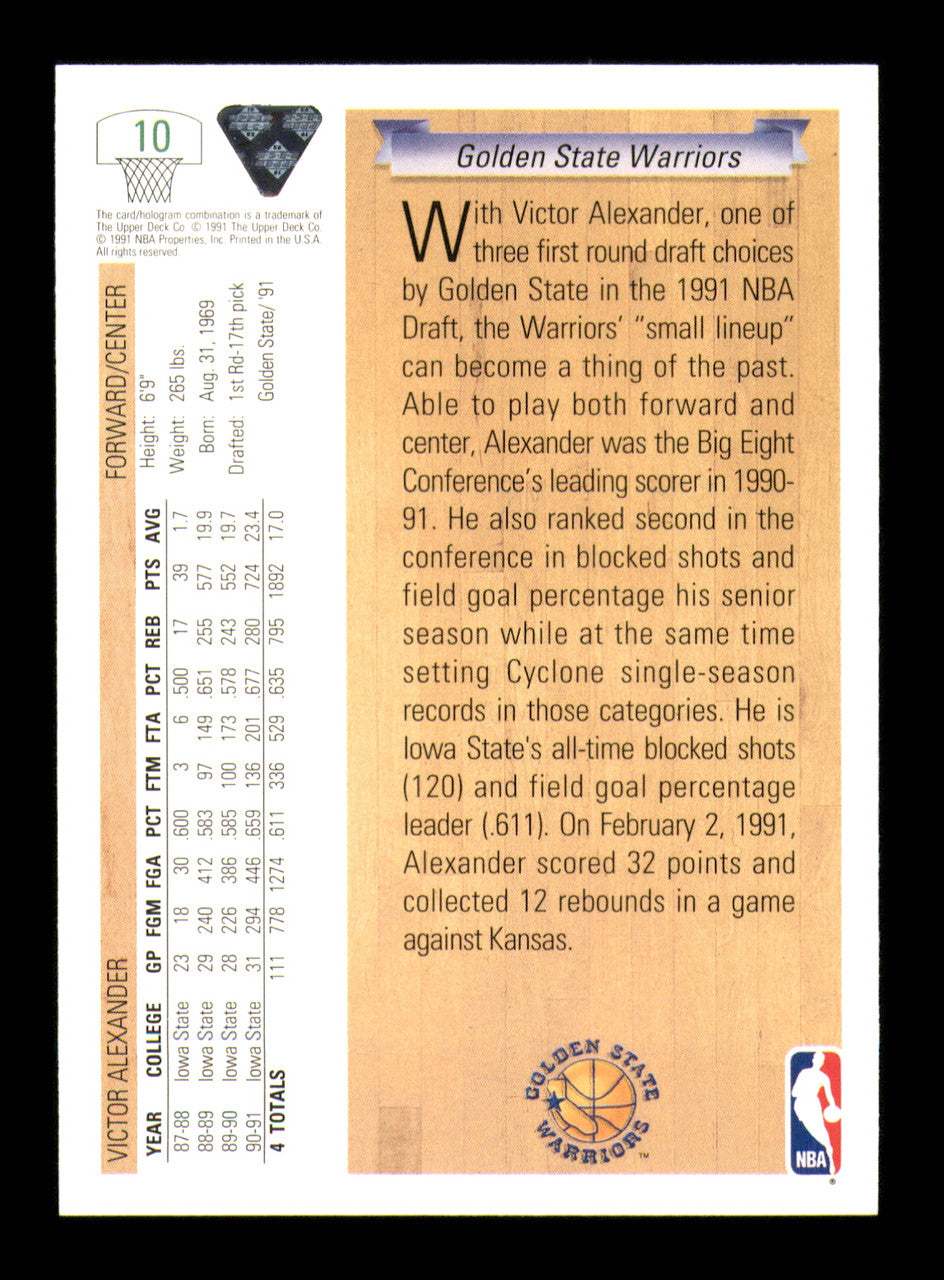 Victor Alexander Autographed 1991-92 Upper Deck Rookie Card #10 Golden State Warriors SKU #241920