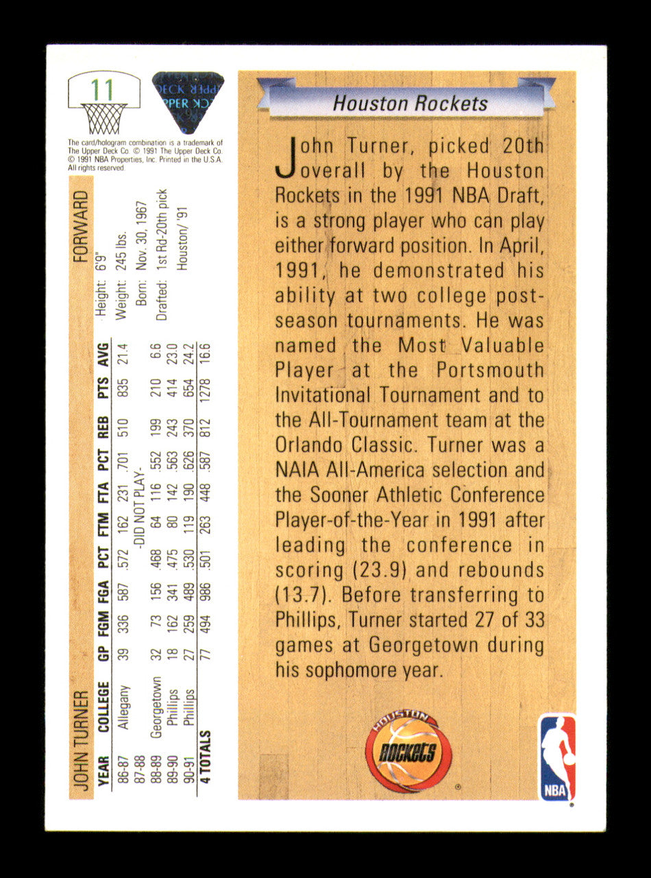 John Turner Autographed 1991-92 Upper Deck Rookie Card #11 Houston Rockets SKU #241925