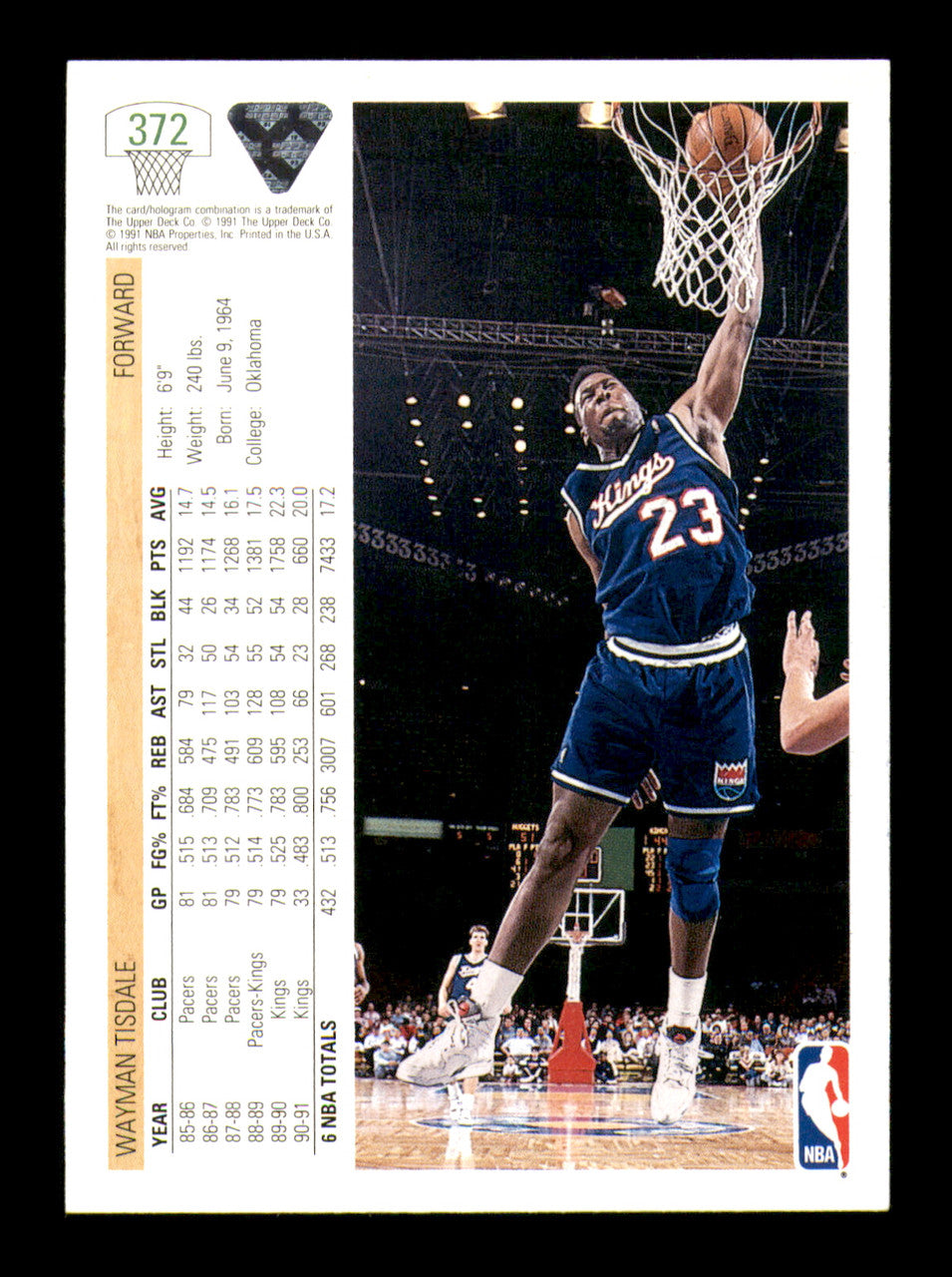 Wayman Tisdale Autographed 1991-92 Upper Deck Card #372 Sacramento Kings SKU #241927