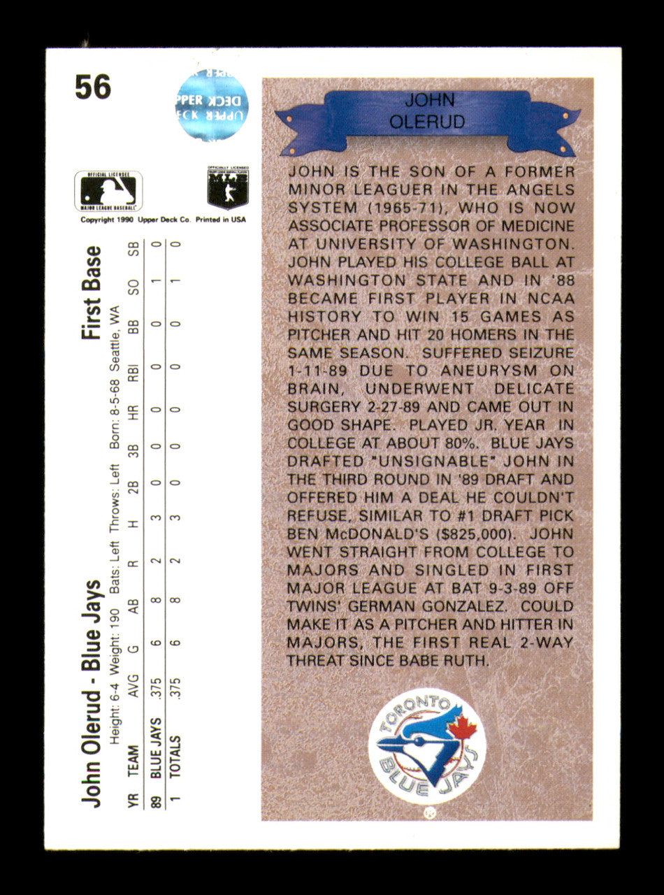 John Olerud Autographed 1990 Upper Deck Rookie Card #56 Toronto Blue Jays SKU #241977