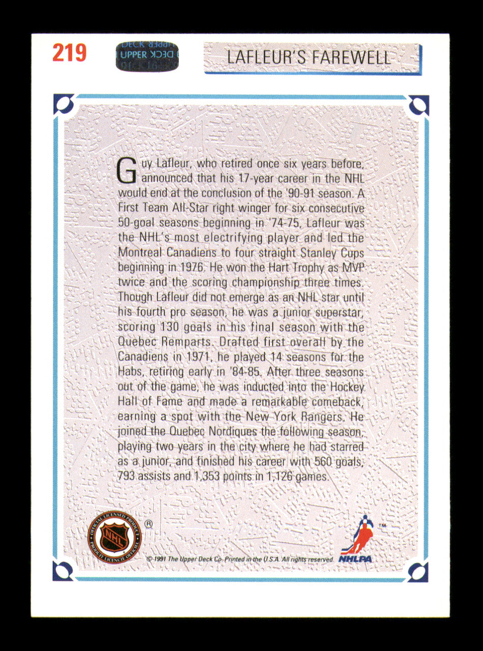 Guy Lafleur Autographed 1991-92 Upper Deck Card #219 Quebec Nordiques SKU #242000