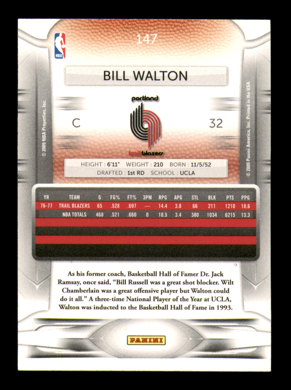 Bill Walton Autographed 2009 Panini Prestige Card #147 Portland Trail Blazers SKU #242014