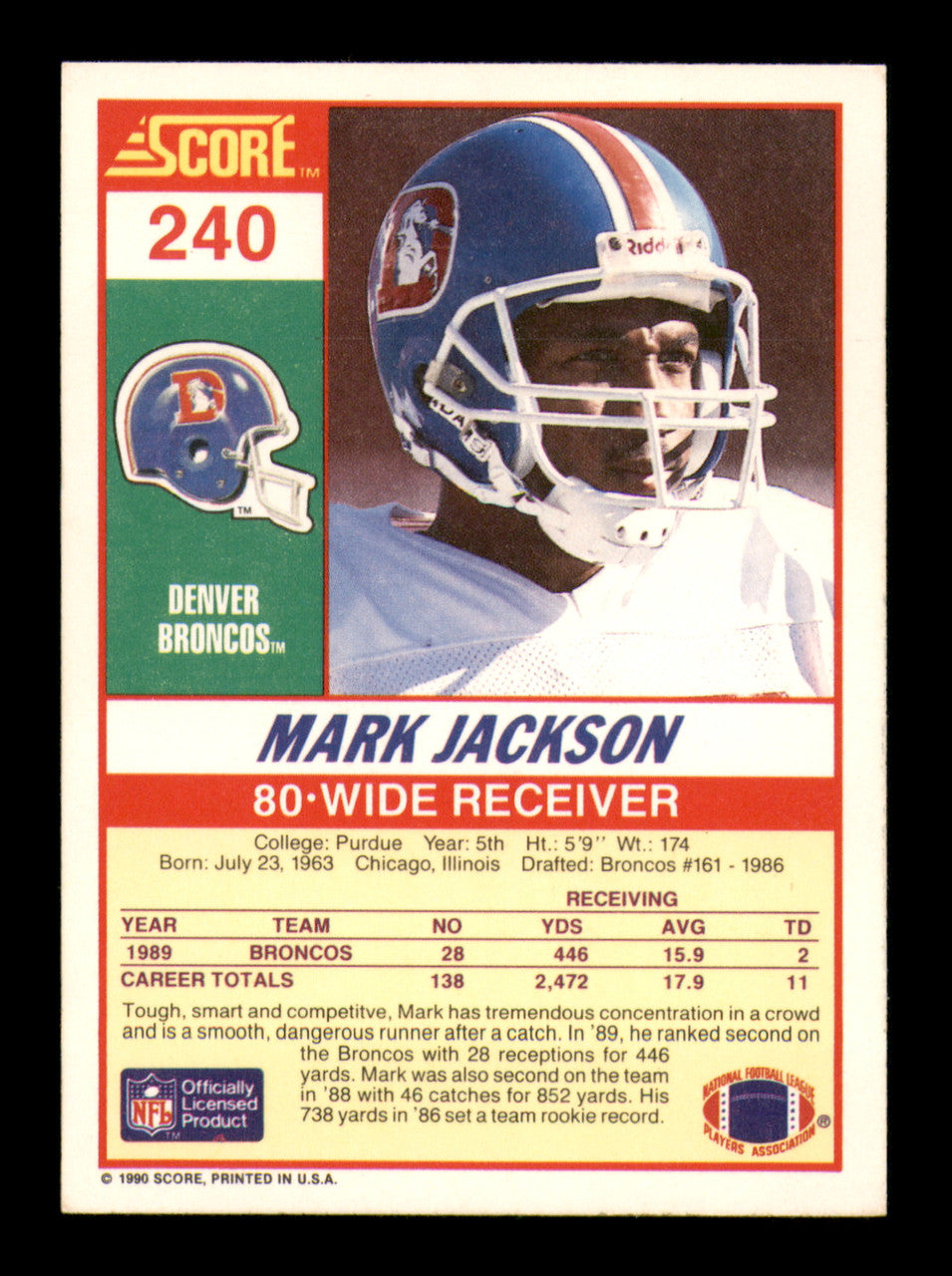 Mark Jackson Autographed 1990 Score Card #240 Denver Broncos SKU #242106
