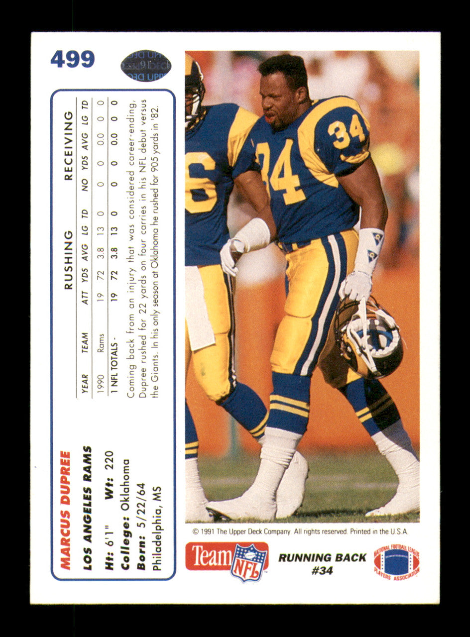 Marcus Dupree Autographed 1991 Upper Deck Card #499 Los Angeles Rams SKU #242154