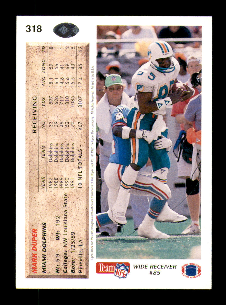 Mark Duper Autographed 1992 Upper Deck Card #318 Miami Dolphins SKU #242161