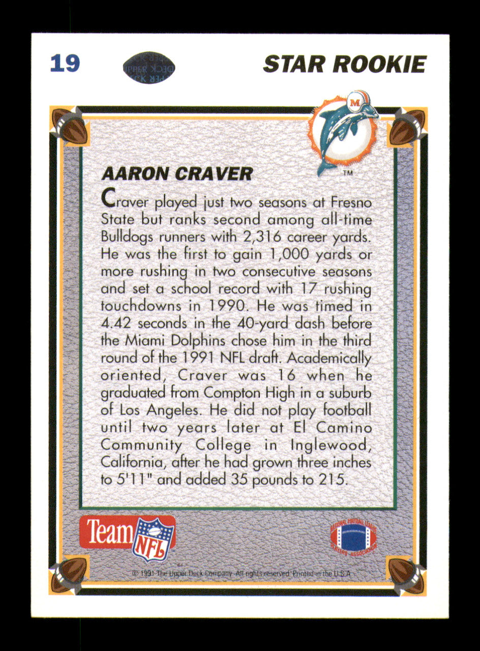 Aaron Craver Autographed 1991 Upper Deck Rookie Card #19 Miami Dolphins SKU #242166
