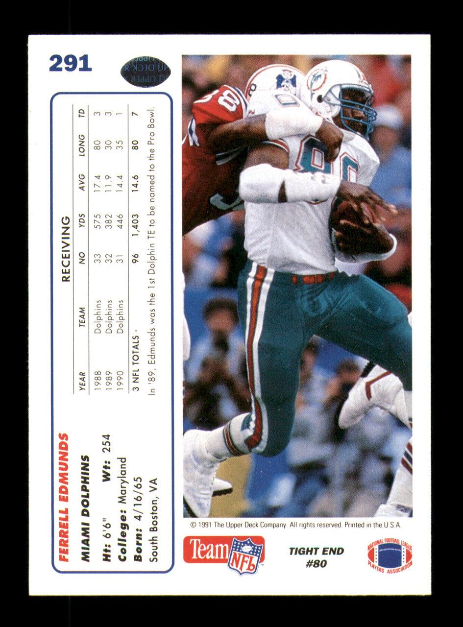 Ferrell Edmunds Autographed 1991 Upper Deck Card #291 Miami Dolphins SKU #242168